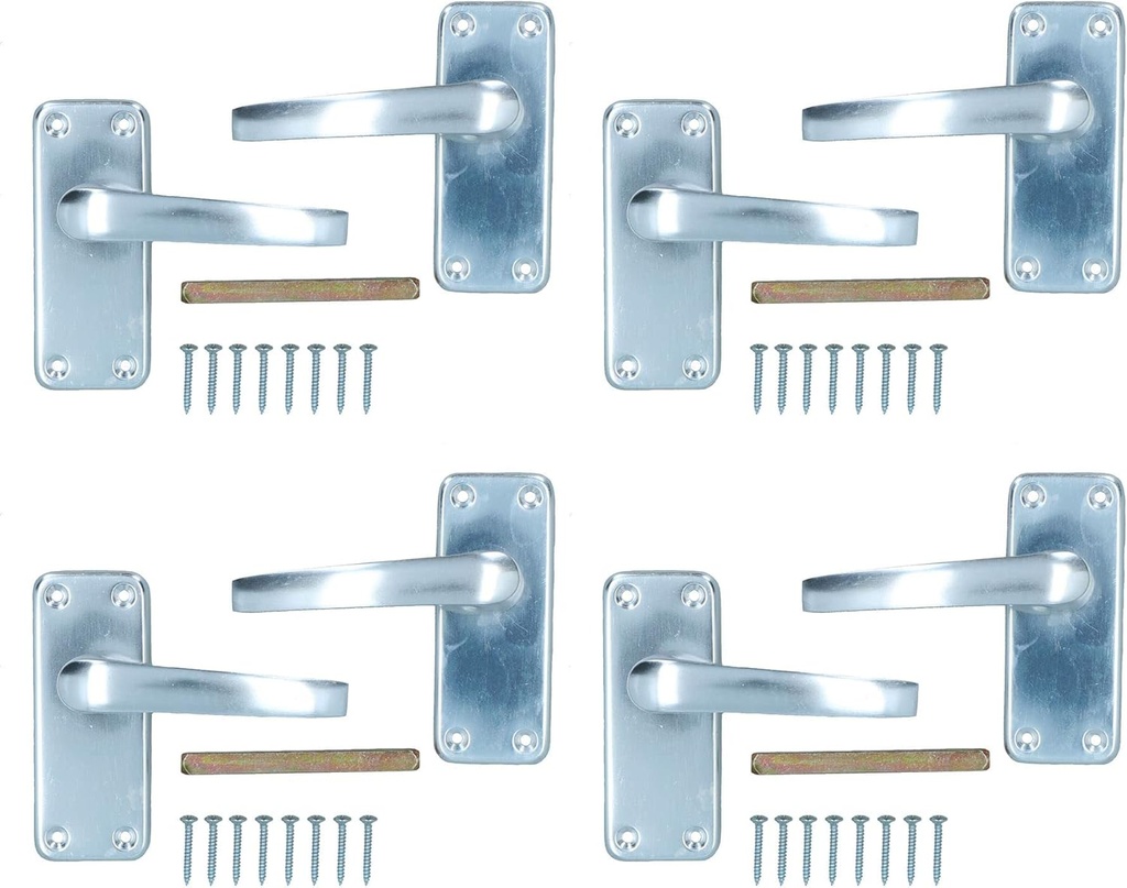 Aluminium Lever Lock Door Handle Handles 100mm x 40mm Spindle + Fixings 4pk