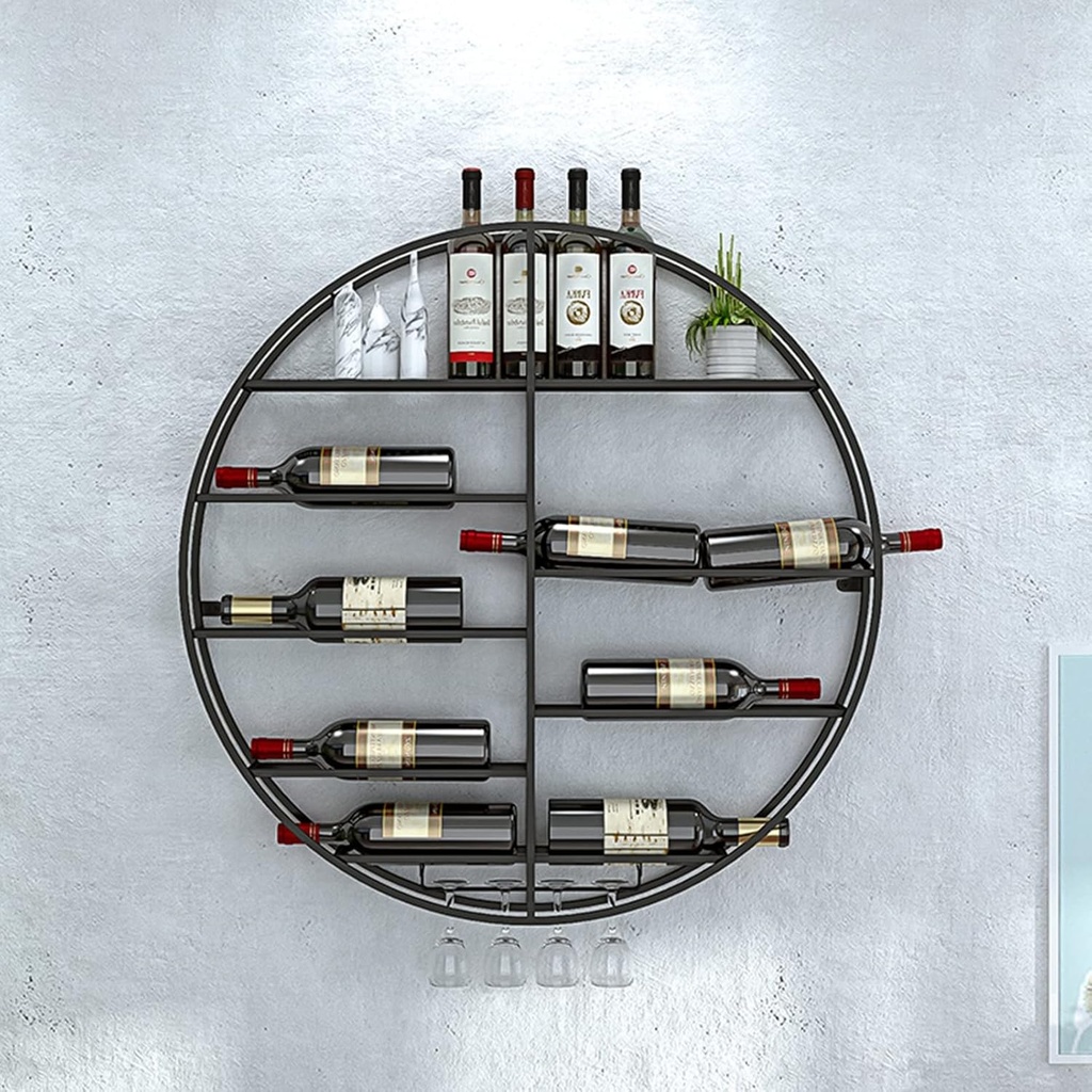 Black Round Wine Rack | Wall Mounted Wine Glass Goblet Holder | Wine Bottle Metal Storage Shelf | Bar Wine Cellar Kitchen Hanging Floating Decor Shelves (Size : 60x11x60cm)