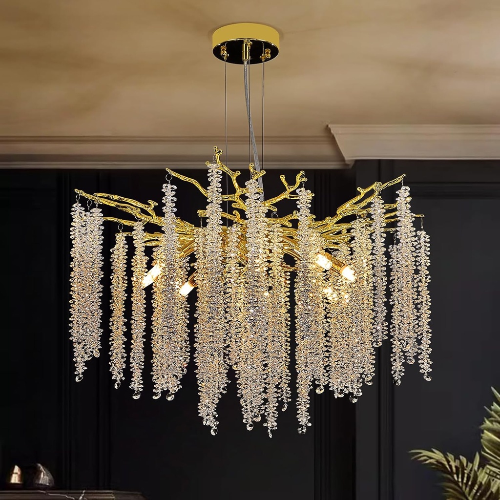 Modern Tree Branch Crystal Chandelier Luxury Gold Raindrop Pendant Lighting 23.6" Contemporary 8-Light Chandeliers for Dining Room Kitchen Bedroom Living Room