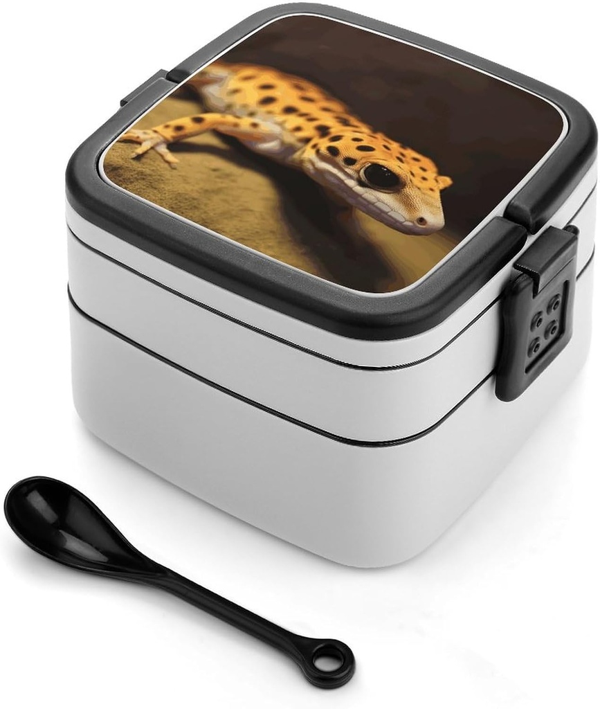Adult Double-Layer Bento Box Leopard Little Gecko Portable Lunch Box with Spoon And Invisible Handle Leakproof Microwave-Safe Food Container for Work Travel Camping