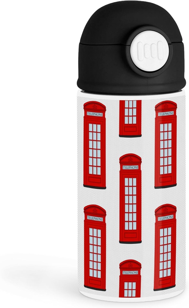 Sentimental Travel Enthusiast 12oz Kids Black Bottle – Red telephone boxes on a white background – Travel, School Lunch