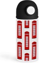 Sentimental Travel Enthusiast 12oz Kids Black Bottle – Red telephone boxes on a white background – Travel, School Lunch