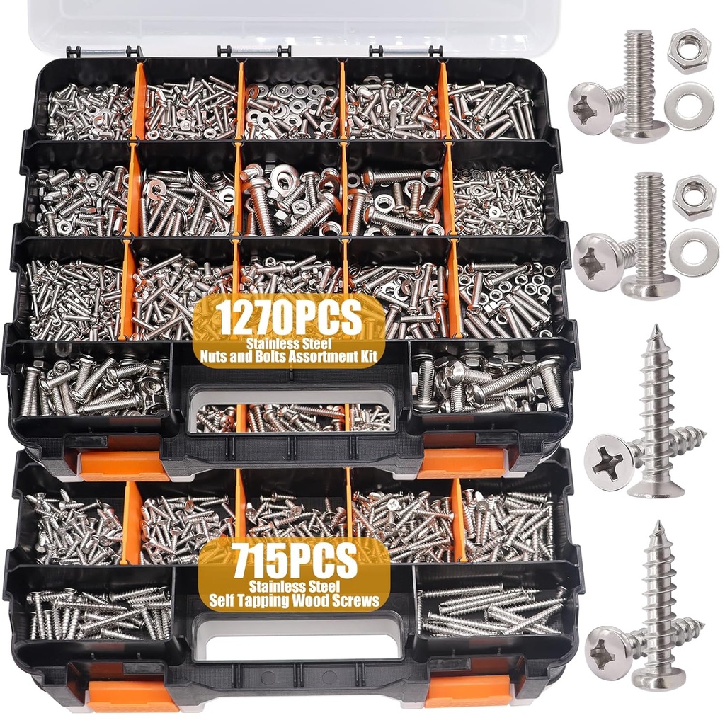 weideer 2002PCS Nuts and Bolts Assortment Kit,304 Stainless Steel Screws Assortment Kit, Metric & SAE Phillips Pan Head and Flat Head Hardware Screws with Nuts Washers Double Sided Organizer Box