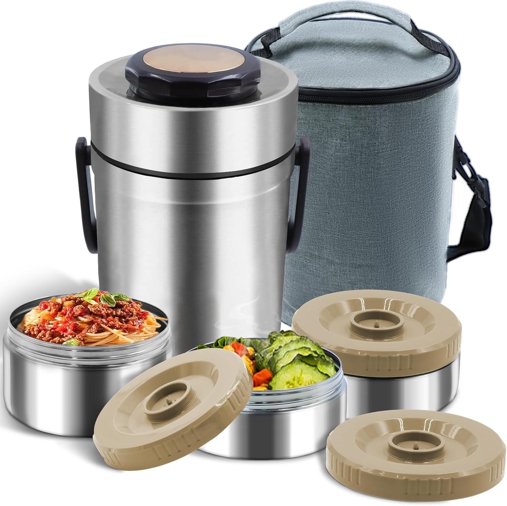 67oz for Hot Food,3-Layer Sealed Stackable Food s,with Lunch Bag Soup Wide Mouth,It Is Suitable for Daily Office Meals, and Outdoor Meals (Silver)