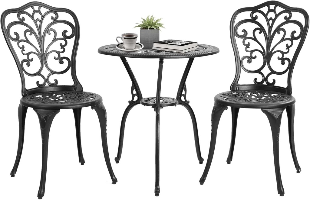 HOMEFUN Bistro Table and Chairs Set of 2 Outdoor 3 Piece Patio Set Butterfly Pattern Cast Aluminum Bistro for Garden Balcony, Durable Rust All-Weather Resistance (Black)