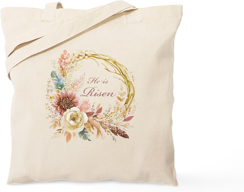 CafePress He is Risen Boho Floral Wreath Reusable Natural Beige Canvas Shopping Bag