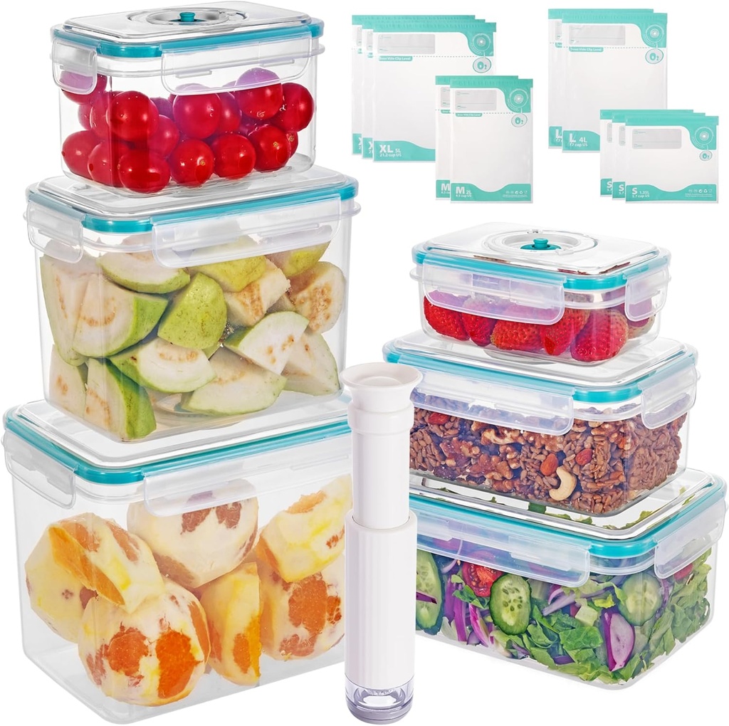 Vacuum Sealed Food Storage Container Set - 23 Pieces, Stackable, Hand Pump, 10 Bags