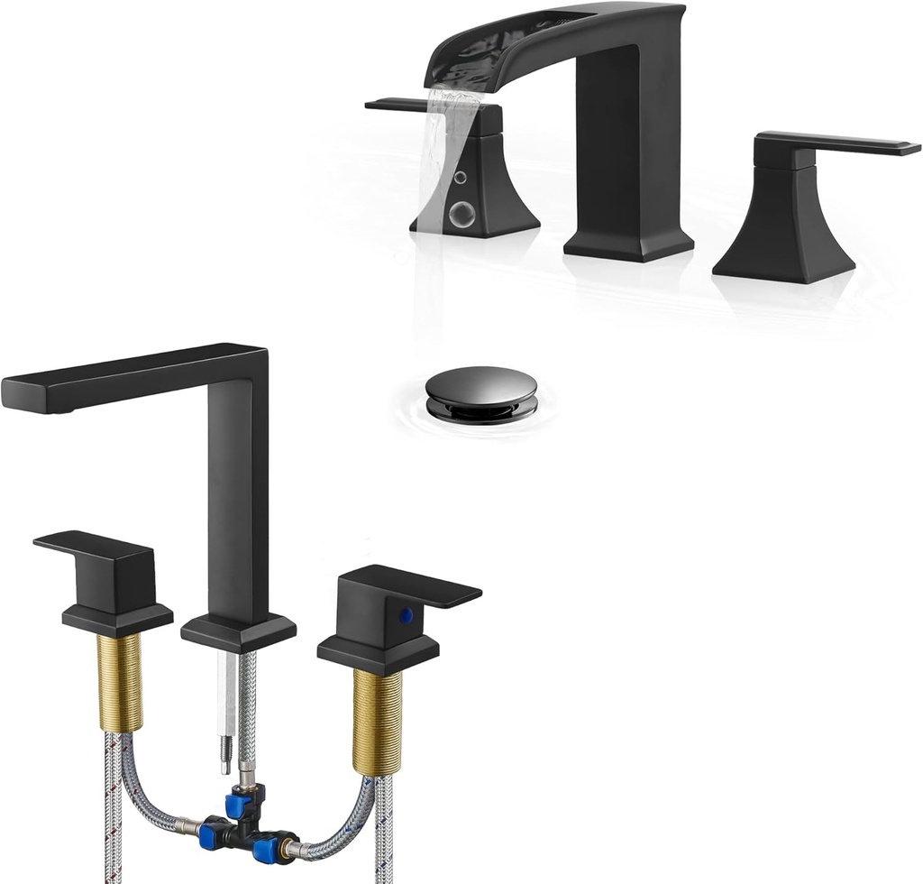 4-16 Inch Waterfall Bathroom Faucet Black, Modern Brass Bathroom Faucets 3 Hole, High Flow Bath Tub Faucet, Roman Bathtub Faucet Black Tub Faucet Set Solid Brass Soaking Tub Faucet 2 Handle