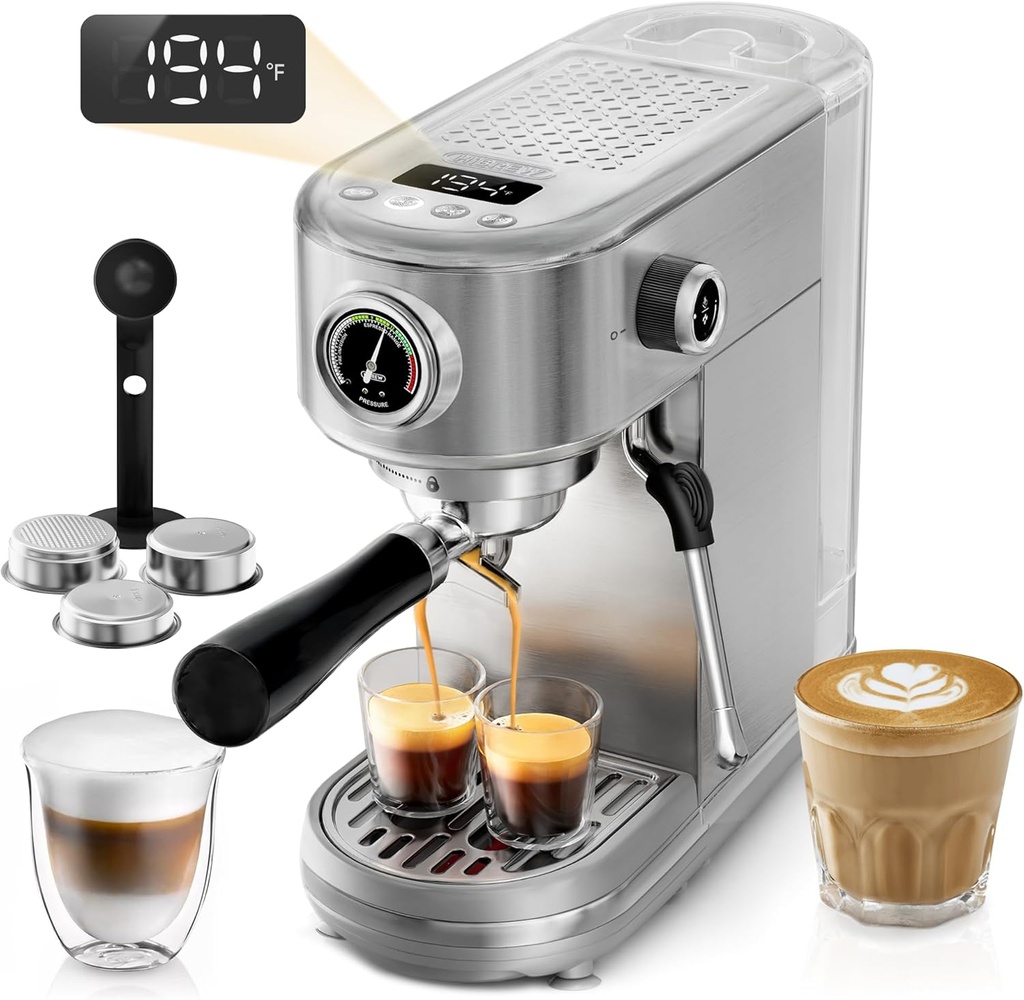 HIBREW H10B - 51mm Espresso Machine - Temperature & Cup Volume Adjustable at will - With Intelligent Display Screen & Pressure Gauge - Stainless Steel Body (Stainless steel)
