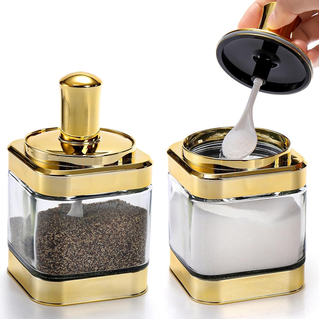 2 Pack Glass Condiment Pot, 12 Ounce Gold Spice Jars with Spoon, Seasoning Box Set Salt Container, Sugar Dispense, Kitchen Containers for Flour and Sugar