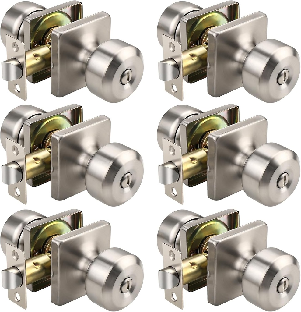 KNOBWELL Brushed Nickel Door Knob, Square Interior Door Knobs, Privacy Door Knob for Bedroom Bathroom, Stainless Steel Indoor Door Knobs, 6 Pack
