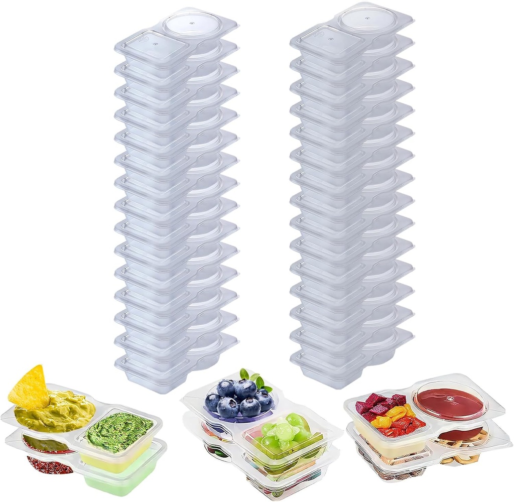 30 Sets Double Compartment Condiment Container With Lids, Reusable Snack Container for Sauces and Snacks, Disposable Snack Containers, Ideal for On-the-Go Meals and Parties (30Pack)