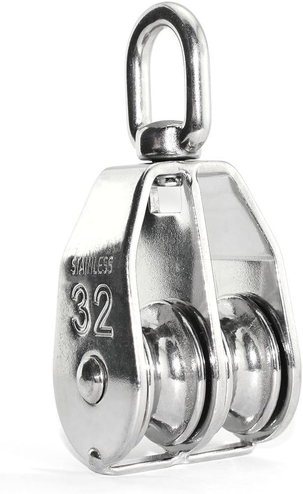 1PCS Lifting Double Pulley Stainless Steel Heavy Duty Double Wheel Swivel Lifting Rope Pulley Block M32