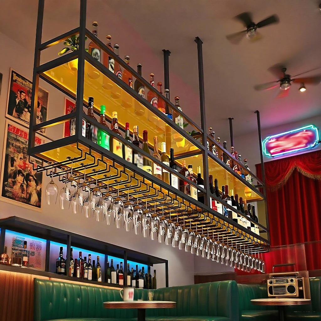 Ceiling Wine Glass Rack with light, Acrylic Hanging Wine Rack with Glass Holder and Transparent Shelves, Wine Bottle Holder Goblet Stemware Racks Modern Home Bar Coffee Decor Rack (31.4IN/80CM)