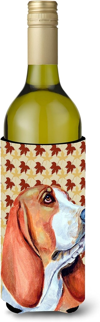 Caroline's Treasures LH9107LITERK Basset Hound Fall Leaves Portrait Wine Bottle Hugger Bottle Cooler Sleeve Hugger Machine Washable Collapsible Insulator Beverage Insulated Holder