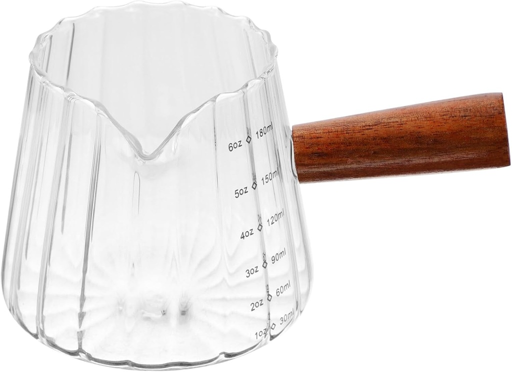 Alipis Milk Frothing Pitcher with Wood Handle 4.7 Inch Glass Measuring Cup for Espresso Coffee Baking Kitchen Use Multipurpose