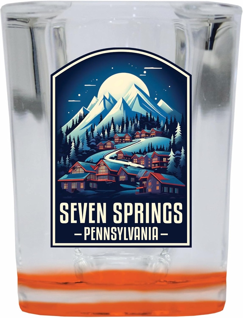 R and R Imports Seven Springs Pennsylvania Snowy Village Design Souvenir 2 Ounce Shot Glass Square Orange Base 4-Pack