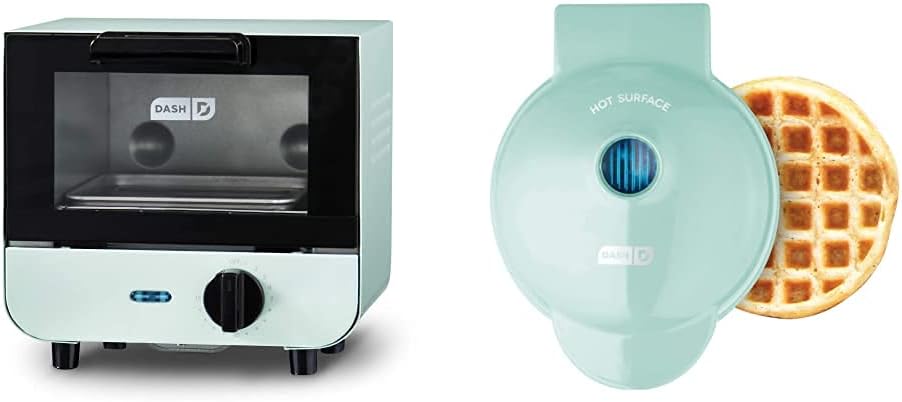 DASH Mini Toaster Oven + Mini Waffle Maker Bundle - Individual Portions, Aqua