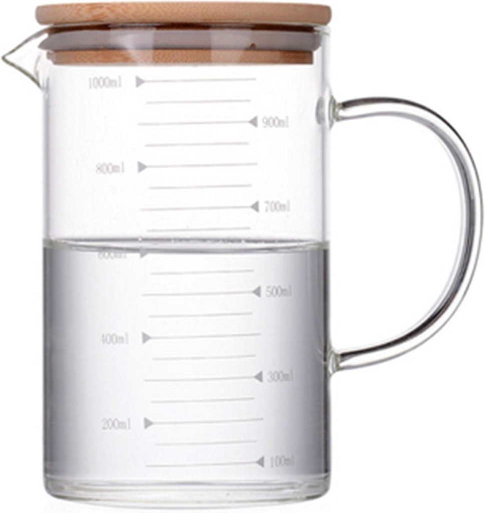 Graduated Beaker Mug with Handle and Durable Bamboo Lid Borosilicate Glass Multi-Function Food Grade Measuring Cup 1000ML