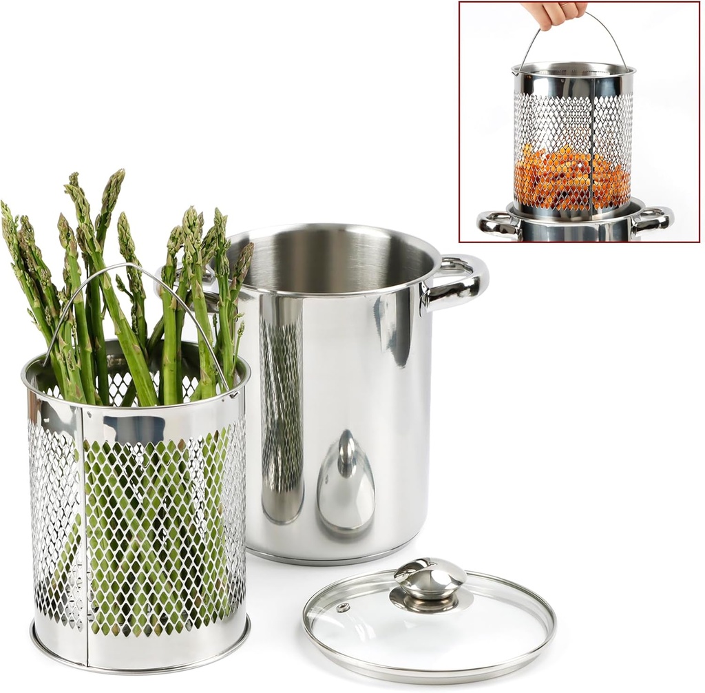 Asparagus Pot Deep Fryer Pot, Stainless Steel Steam Cooker with Basket and Lid Vegetable Asparagus Cooker for Pasta, Spaghetti, Japanese Tempura Small Deep Frying Pot with Oil Drip Drainer Rack, 4 Qt