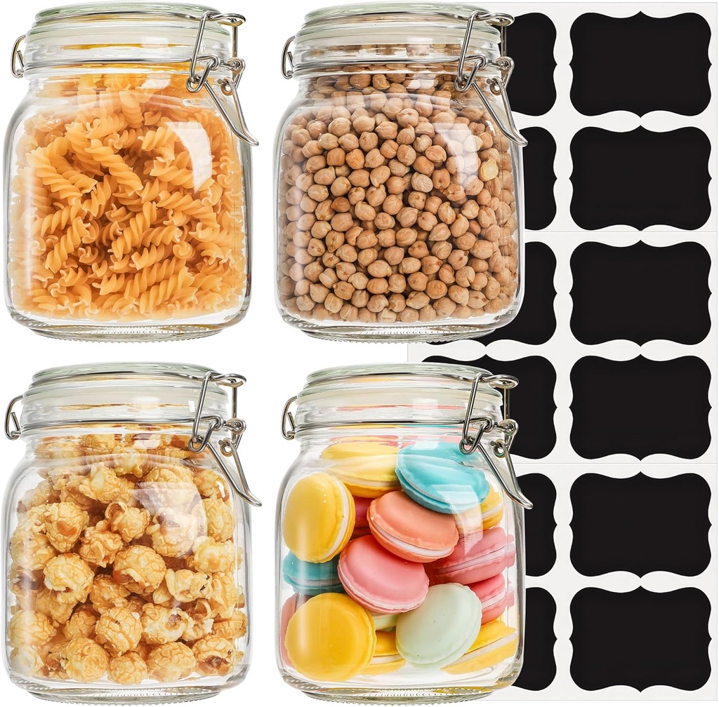 Kingrol 4 Pack 34 Ounces Glass Jars, Wide Mouth Storage Canister Jars with Bail and Trigger Clamp Lids for Pickling, Preserving, Canning, Dry Food Storage