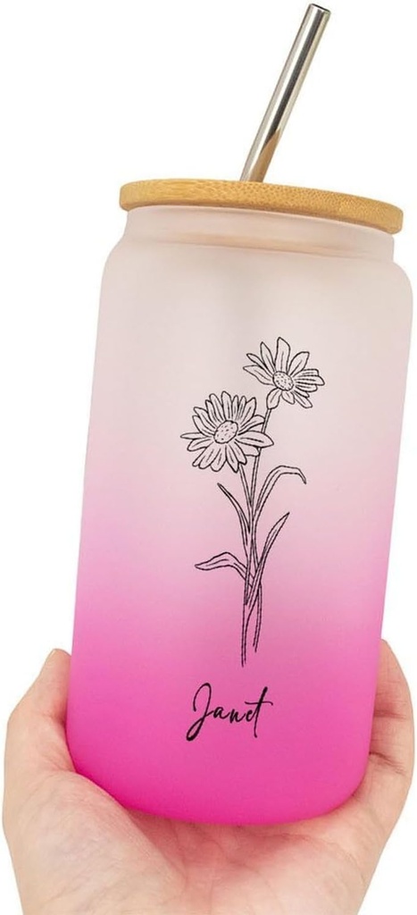 16 Oz Glass Tumbler Custom Birth Flower Iced Coffee Mug with Stainless Steel Straws - Reusable Tea Cups Glass Coffee Cup with Bamboo Lid And Straw - Birthday Gifts for Co-work