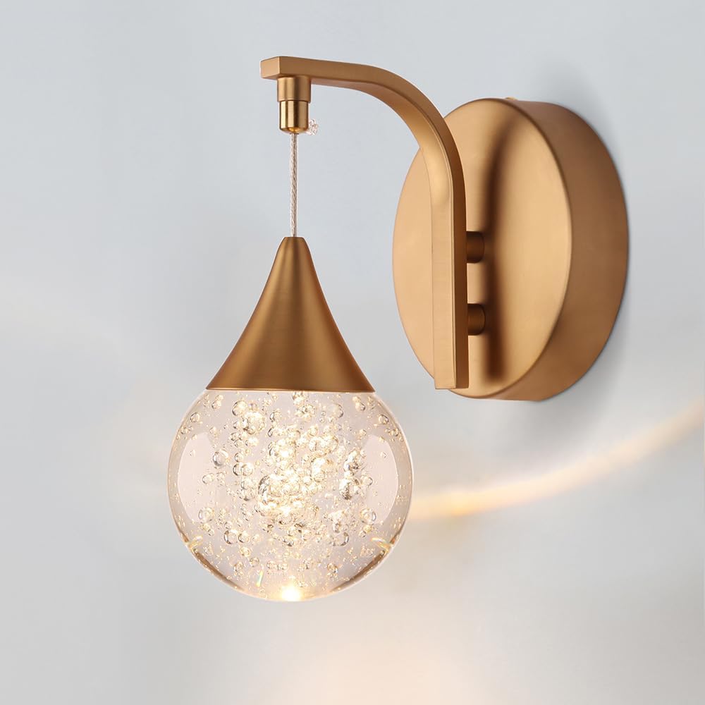 Sedelan Modern Crystal Bubble Wall Sconce, 5W Dimmable Indoor LED Wall Sconces, Bubble Globe Wall Light for Bedroom Bedside Bathroom Living Room Corridor Stairwell, Brass