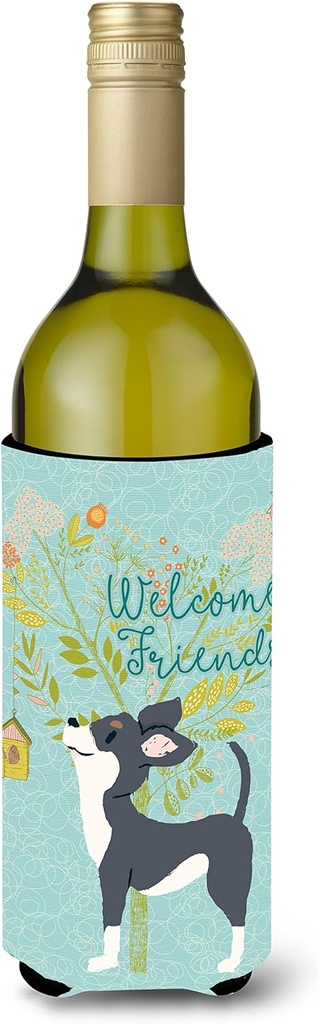 Caroline's Treasures BB7627LITERK Welcome Friends Black White Chihuahua Wine Bottle Hugger Bottle Cooler Sleeve Hugger Machine Washable Collapsible Insulator Beverage Insulated Holder