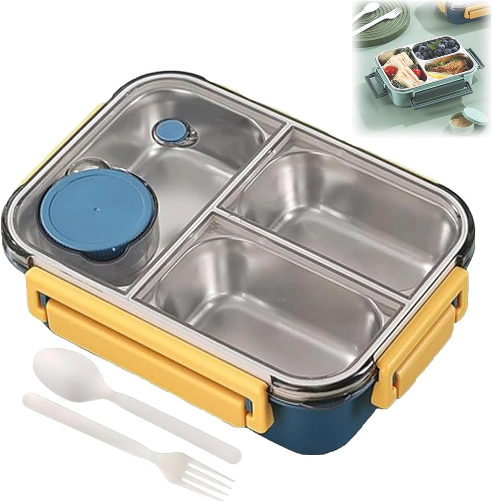 Lunch Box, Stainless Steel Portable Lunch Box,with Tableware and Divided Compartments (Three Compartments Blue)