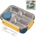 Lunch Box, Stainless Steel Portable Lunch Box,with Tableware and Divided Compartments (Three Compartments Blue)
