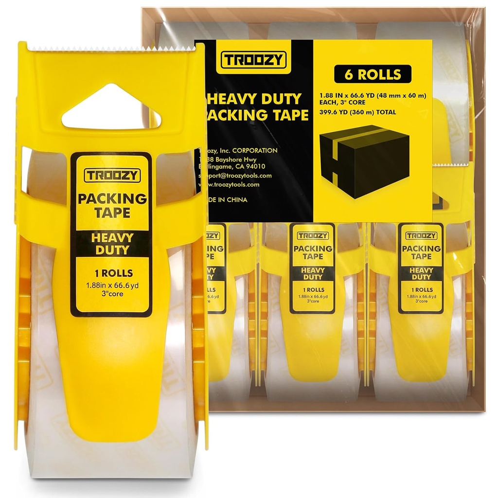 Clear Heavy Duty Packing Tape with Dispenser for Packing Shipping Moving and Warehouses, 2.68 mil Thick, 1.88 in x 66 yd, 6 Pack