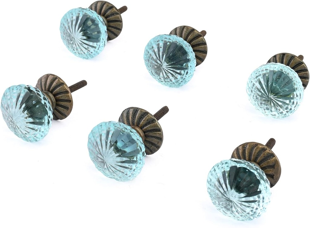 Perilla Home Set of 6 Knobs Glass Cassandra Knob Modern Decorative Glass Knobs for Home Decor, Kitchen, Cabinet, Hardware, Cupboard, Door, Dresser, Wardrobe and Drawer Pulls Aqua Blue