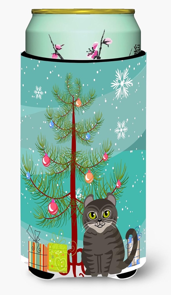 Caroline's Treasures BB4412TBC American Curl Cat Merry Christmas Tree Tall Boy Hugger Can Cooler Sleeve Hugger Machine Washable Drink Sleeve Hugger Collapsible Insulator Beverage Insulated Holder