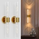 Gold Battery Operated Wall Sconce Set of Two, 22 Inch Rechargeable Wall Sconces with Remote, Crystal Bubble Cordless Wall Lamps for Living Room, Bedroom, Hallway, Entryway, Stairwell 3000K/4500K/6000K