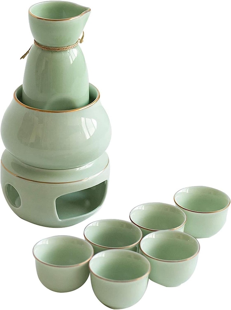 Sake Set and Cups with Warmer, Traditional Porcelain Japanese Pottery Hot Saki Drink Set Kit, 7-Piece Include 1 Stove 1 Warming Bowl 1 Sake Bottle 4Cup (Green 9pcs)
