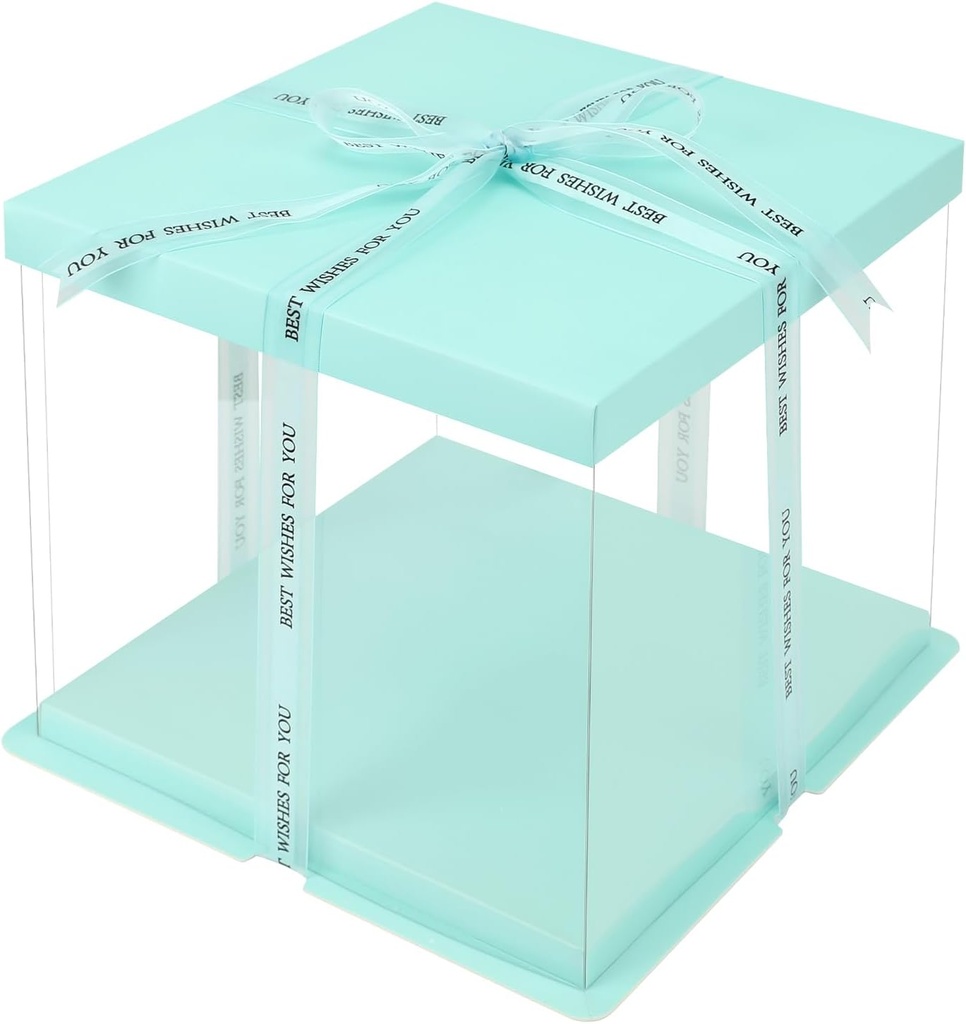 2 Pack Clear Cake Boxes 10x10x9 in, Transparent Cake Carrier Box with Lid, Tall Cake Packaging Box with Ribbon, Blue