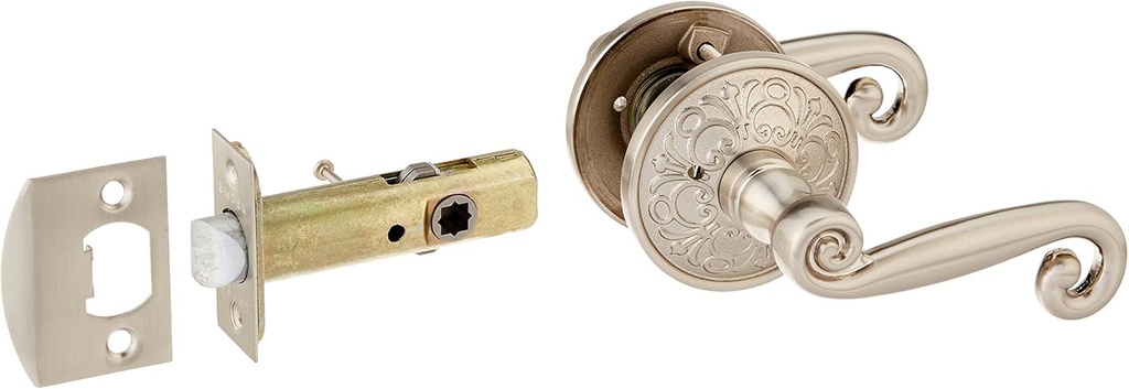 Lancaster Door Set with Scroll Design Levers Right Hand Privacy in Satin Nickel. Doorsets.