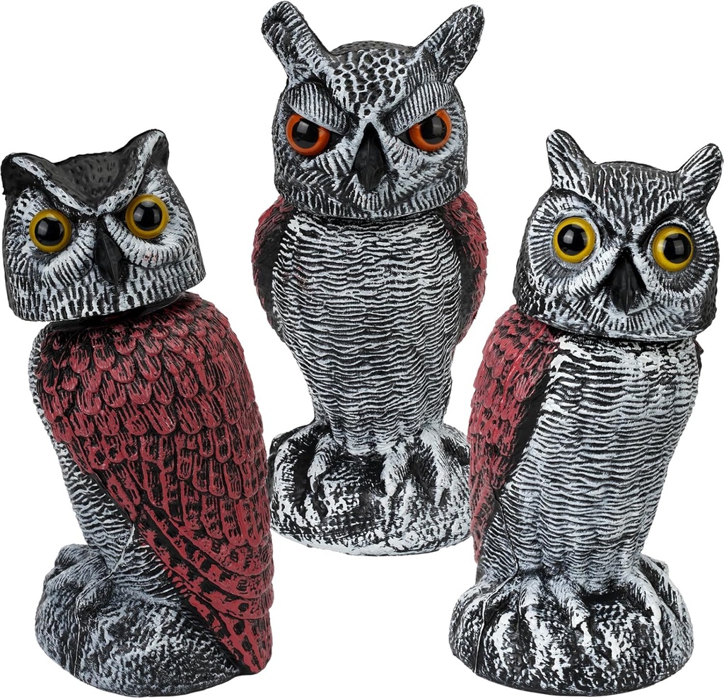 Plastic Owl Statue Decoy to Scare Birds - Weatherproof Outdoor Bird Owl with Rotating Rod for Yard, Pool & Patio, Bird Control Device