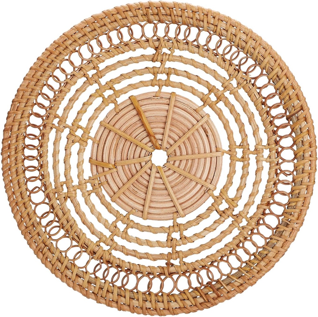 Boho Wall Basket Decor Set: Round Rattan Wall Decor, Hanging Basket, Flat Woven, Flower Shape, Khaki, 13"L x 13"W, Unisex, Indoor, Living Room