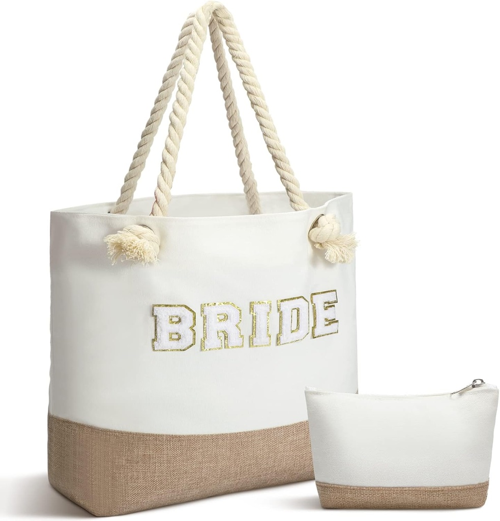 Sweetude Wedding Bride Bag Natural Jute Bride Tote Gift Bag with Handles Beach Pouch with Zipper for Engagement, Honeymoon, Beach Bridesmaid Party Bridal Shower Newlyweds Present