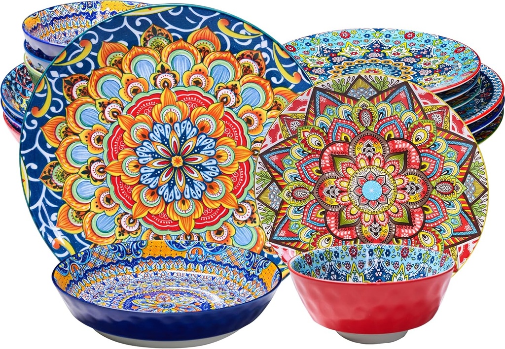 16 Pieces Dinnerware Sets, Service for 4, Plates and Bowls Set, Ceramic Dishes Set for 4, Microwave and Dishwasher Safe, Scratch Resistant, Bohemian Style