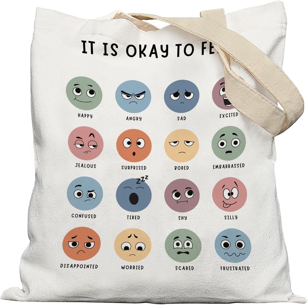 It is Okay to Feel Mental Health Tote Bag, Mental Health Gifts, Feelings Emotions Chart Canvas Tote Bag, Reusable Grocery Bags Shopping Bags, Mental Health Awareness Gifts, White