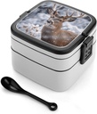 Deer in The Snow Bento Box Adult Lunch Box All-in-One Lunch Containers with Removable Compartments Double Layer Bento Lunch Box with Spoon And Handle Stackable Lunchbox