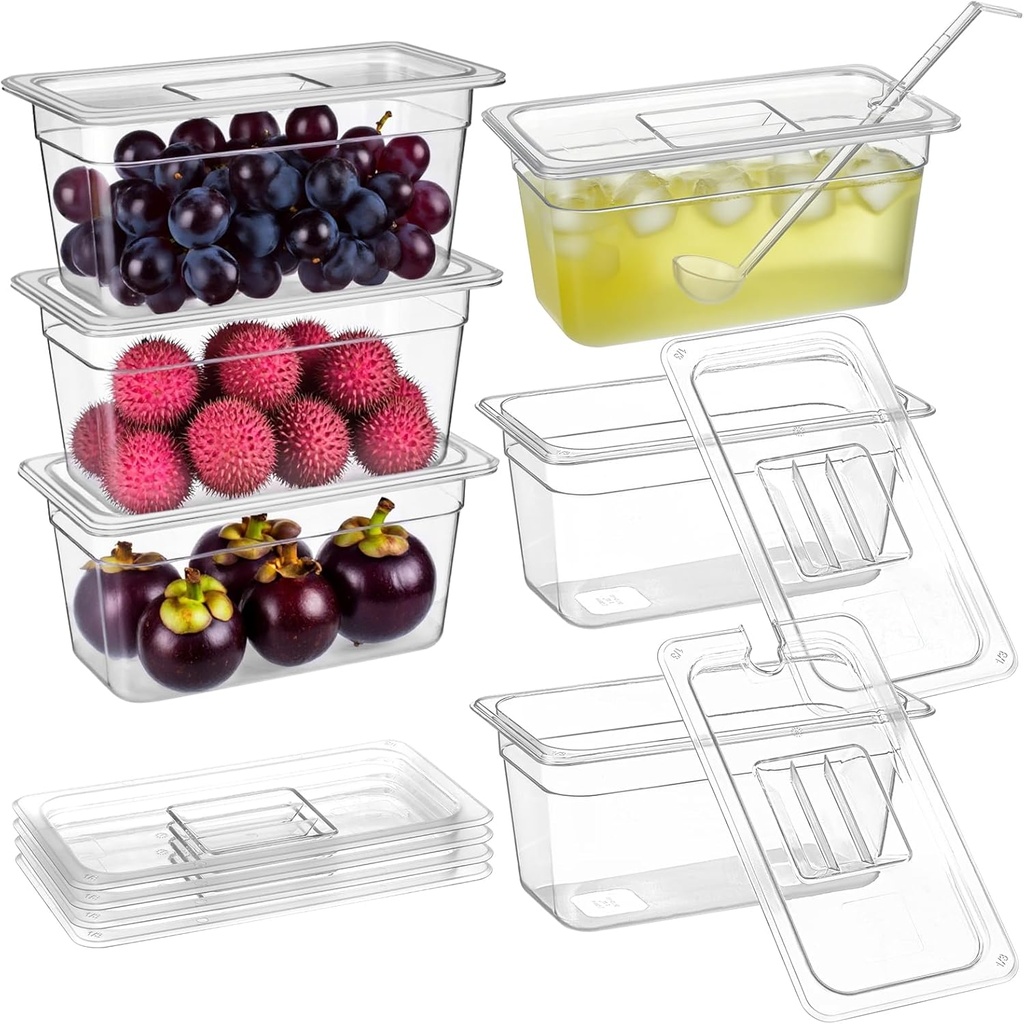 6 Pack Plastic Food Pans with Lids, 1/3 Size 6'' Deep Clear Commercial Stackable Polycarbonate Pans Hotel Food Storage Pan with 1 Pcs Spoon for Fruits Vegetables