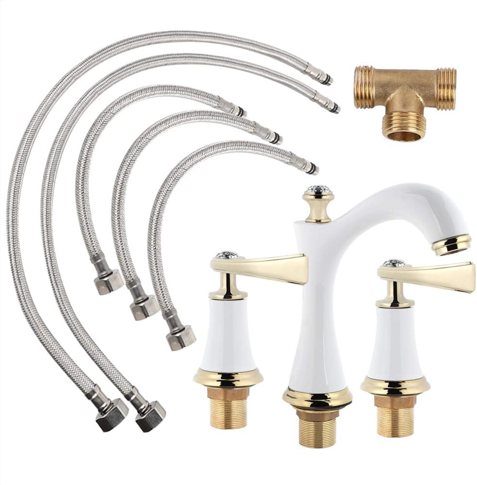 Bathroom Sink Faucet 2 Handle Lavatory Faucet Antique Copper Finish Cabinet Mount Split Faucet for Vanity(White Gold)