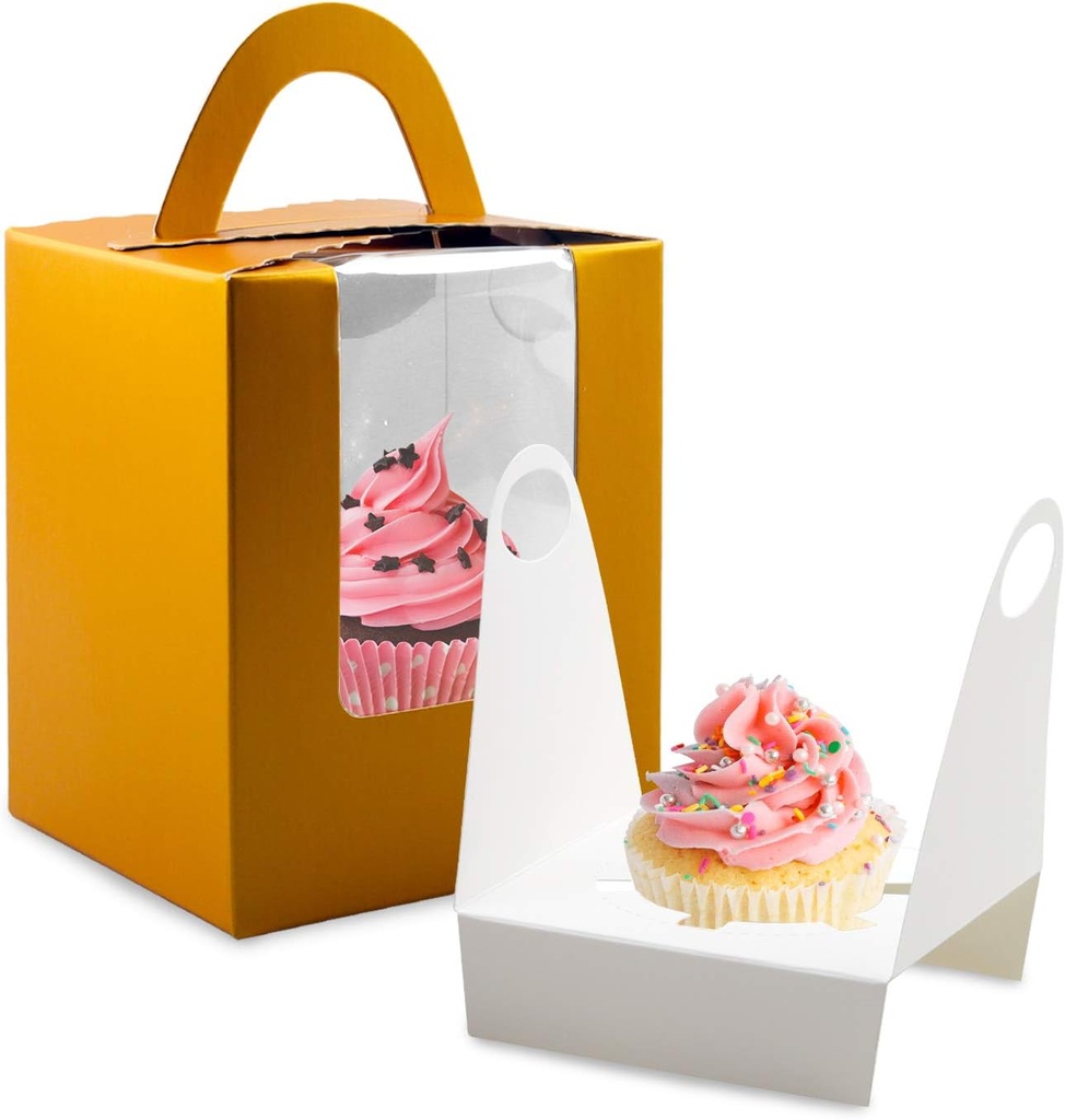 Cupcake Boxes, 30 Pcs Single Cupcake Boxes Individual Cupcake Containers Muffins Cupcake Carriers Holder Kraft Pastry Containers with Insert Window & Handle for Wedding Birthday Parties (Gold)