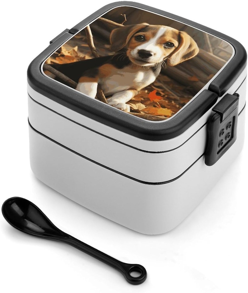 Adult Double-Layer Bento Box Cute Beagle Portable Lunch Box with Spoon And Invisible Handle Leakproof Microwave-Safe Food Container for Work Travel Camping