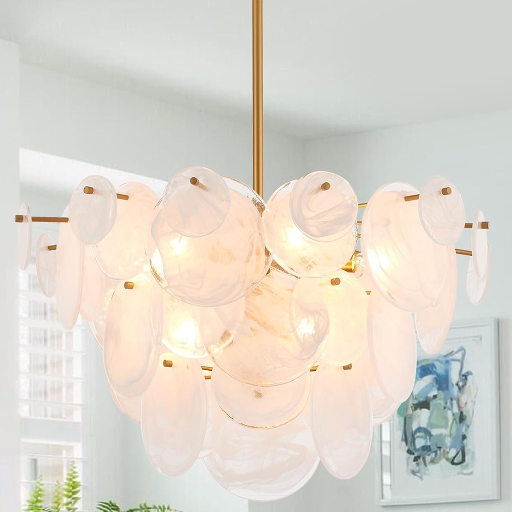 Dia 28 Inch, Modern Glass Chandeliers for Bedroom, Gold Dining Room Light Fixture, Large Vintage Pendant Chandelier for Living Room Stairway Entryway Kitchen Farmhouse Foyer