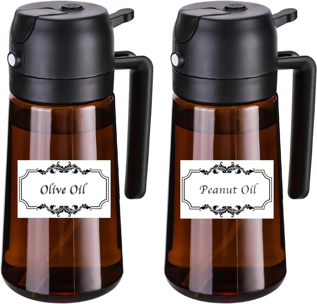Oil Sprayer for Cooking-2 in 1 Olive Oil Dispenser, 16oz/470ml Oil Dispenser Light Blockage for Air Fryer, BBQ,Salad, Frying, Barbecue (2Brown Bottle Black Cap)