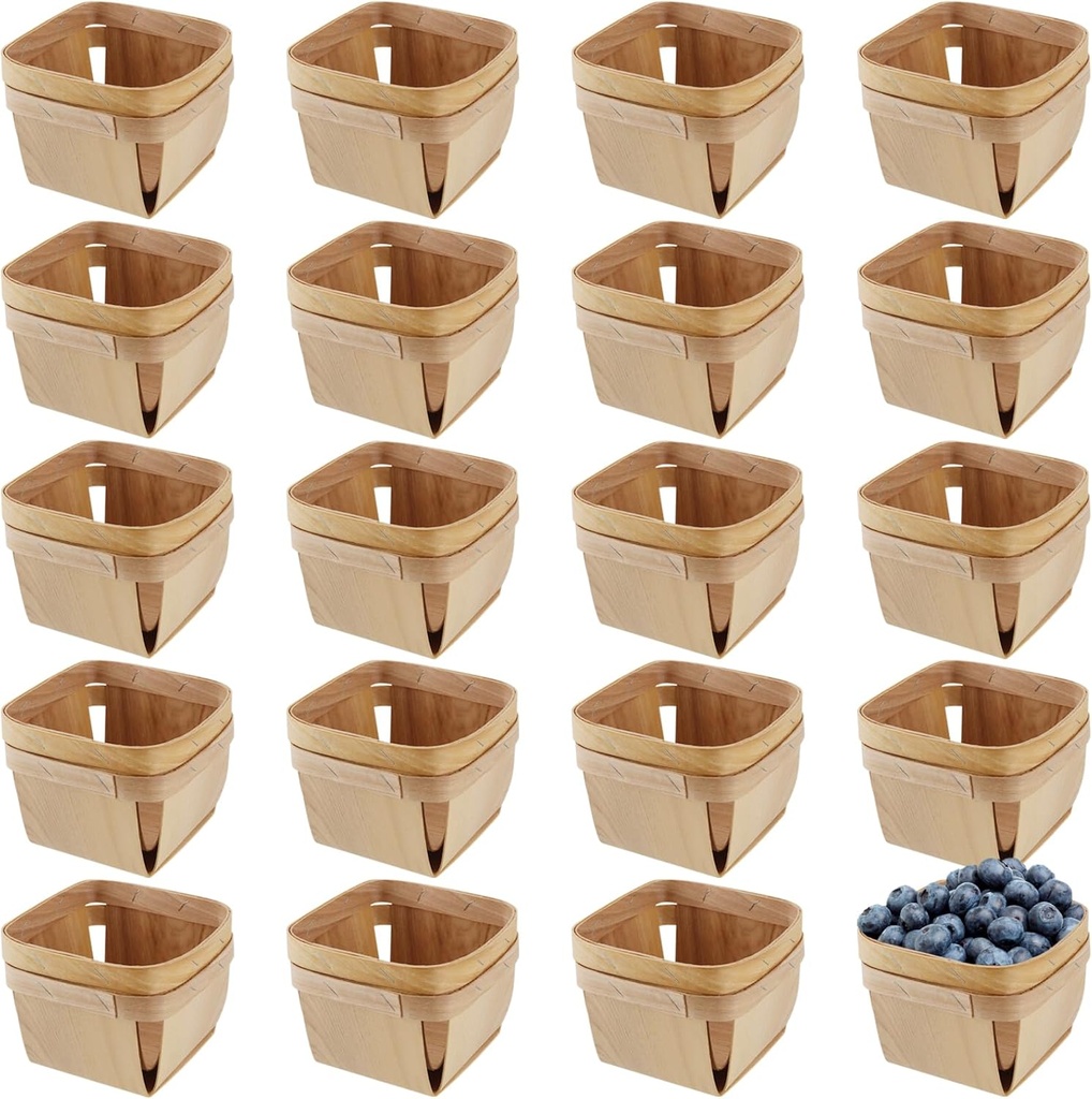 HAKZEON 20 Pack 4x4 Inch Berry Baskets, One Pint Square Wooden Berry Baskets, Wooden Gift Baskets for Fruit Packing, Party Crafts and Decor
